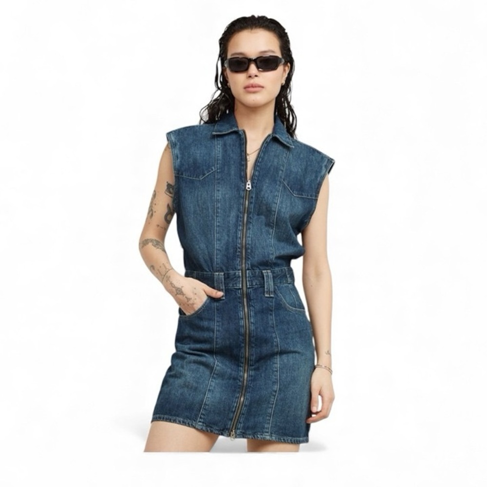 G-Star Raw Denim Biker Mini Dress NWT S Moto Utility Convertible Sleeves Blue